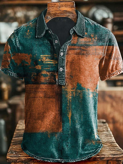 Vintage Abstract Art Color Block Print Casaul Short Sleeve Polo Shirt
