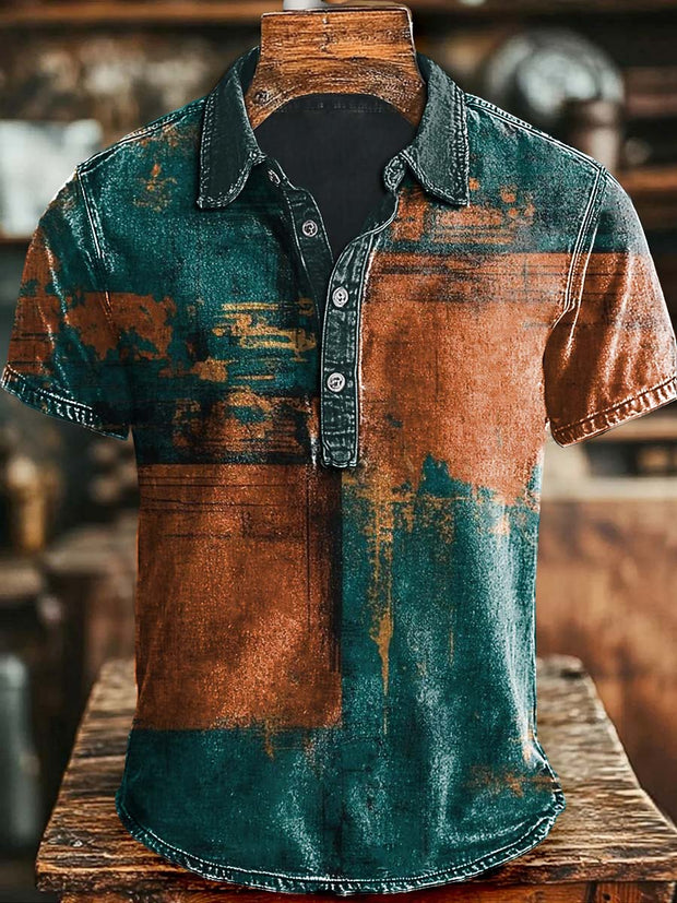 Vintage Abstract Art Color Block Print Casaul Short Sleeve Polo Shirt