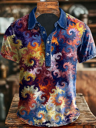 Vintage Abstract Art Rendering Print Casaul Short Sleeve Polo Shirt