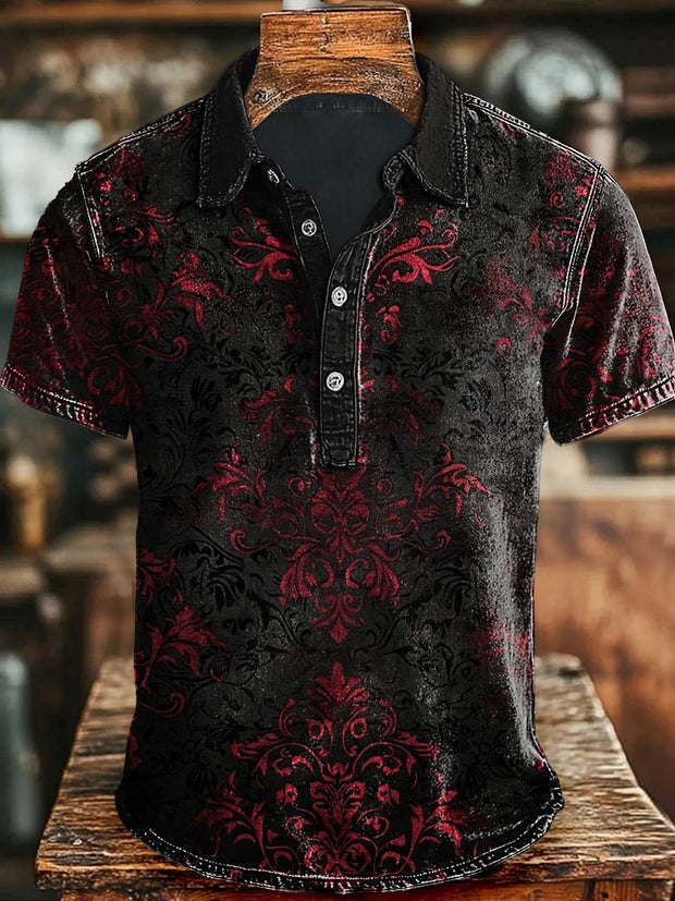 Gothic Floral Print Casual Polo Shirt