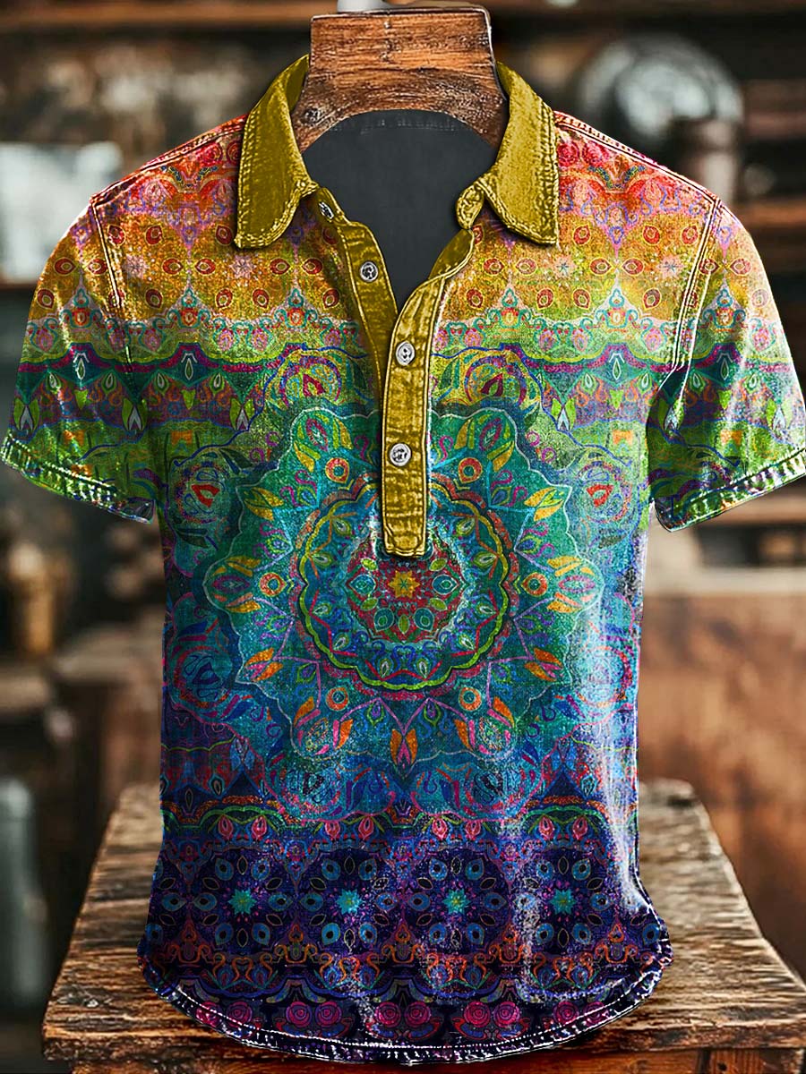 Vintage Art Abstract Colorful Floral Print Casual Polo Shirt