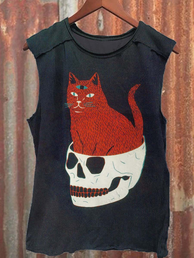 Art Abstract Skull Cat Print Casual Vest Top