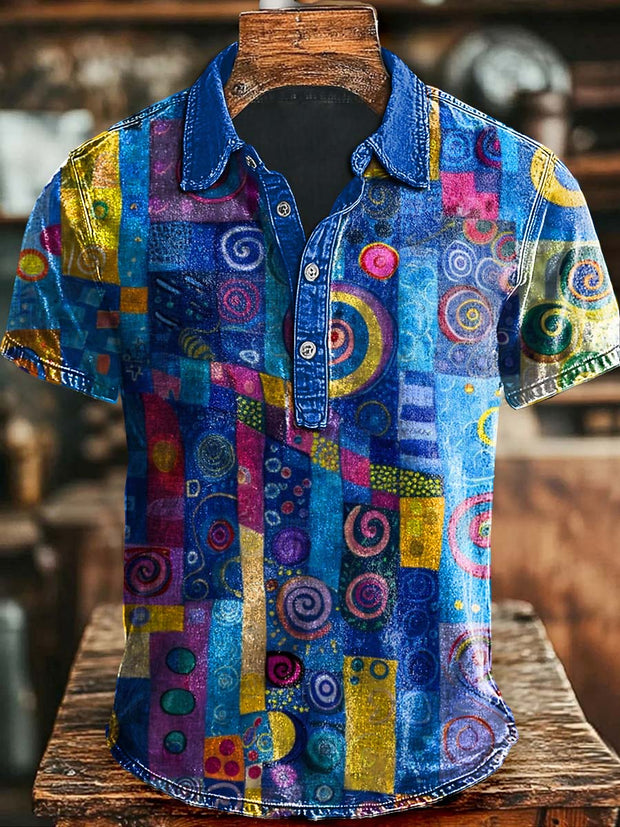 Artistic Abstract Color Block Print Casual Polo Shirt