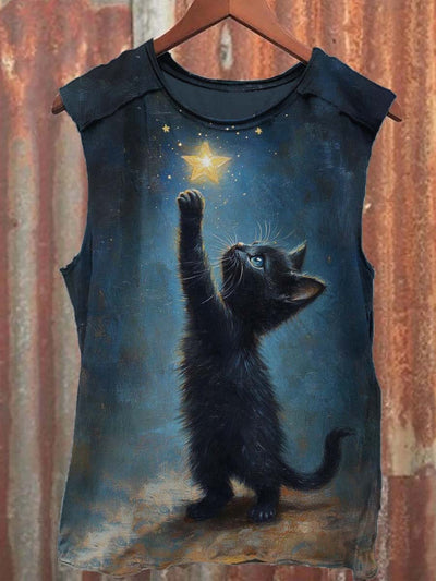 Art Abstract Star Cat Print Casual Tank Top