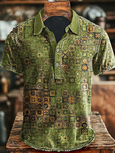 Vintage Art Abstract Plaid Print Casual Polo Shirt