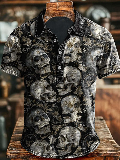 Vintage Skull Floral Print Casual Polo Shirt
