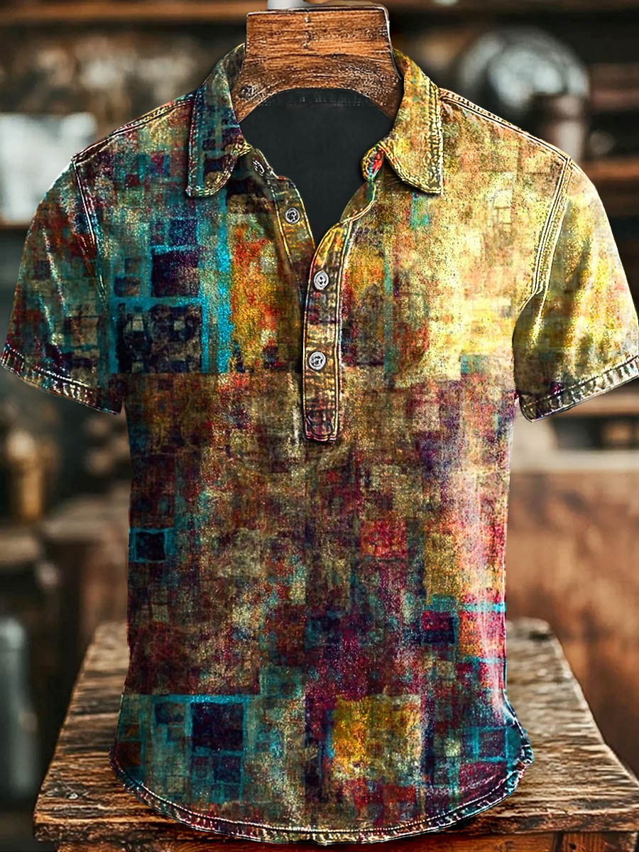 Vintage Abstract Aged Printed Casual Polo Shirt