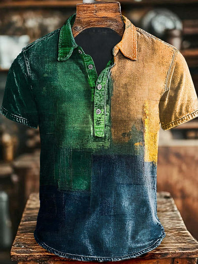 Vintage Gradient Color Block Print Casual Polo Shirt