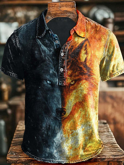 Cool Ice and Fire Wolf Print Casual Polo Shirt
