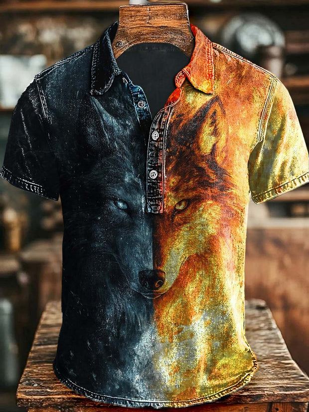 Cool Ice and Fire Wolf Print Casual Polo Shirt