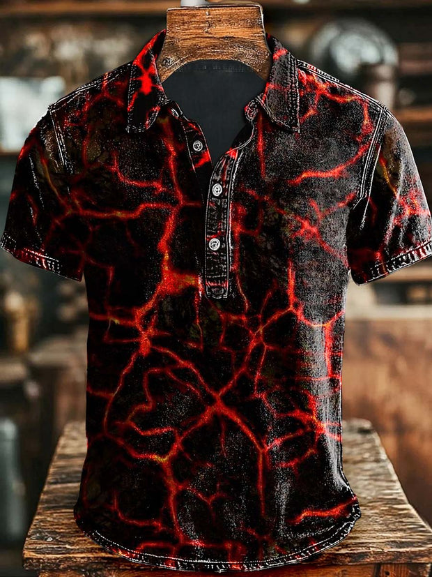 Abstract Red Lightning Print Casual Polo Shirt