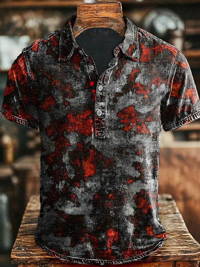 Vintage Gradient Aged Printed Casual Polo Shirt