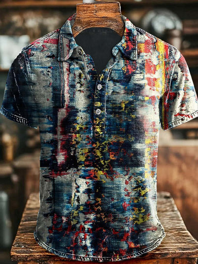 Vintage Artistic Painted Print Casual Polo Shirt