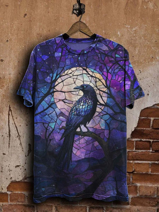 Abstract Window Flower Raven Print Casual Short Sleeve T-Shirt