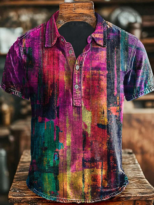 Vintage Art Colorblock Print Casual Polo Shirt