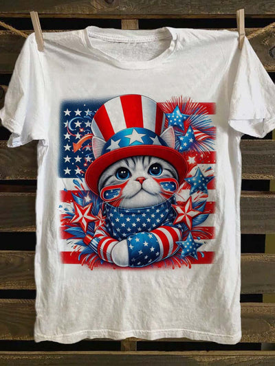 Independence Day Cat Print Casual Short Sleeve T-Shirt
