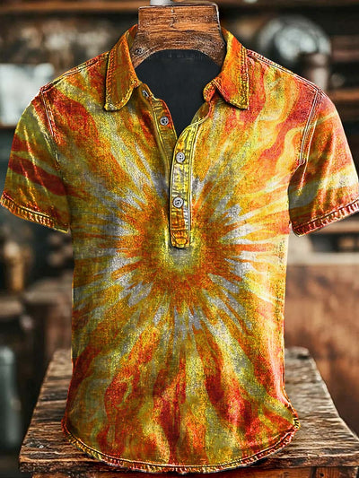 Abstract Glitter Sun Print Casual Polo Shirt