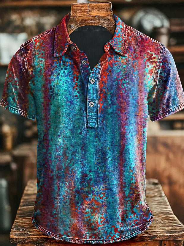 Vintage Art Colorblock Print Casual Polo Shirt