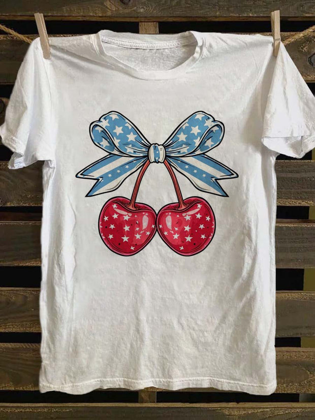 Independence Day Cherry Print Casual Short Sleeve T-Shirt