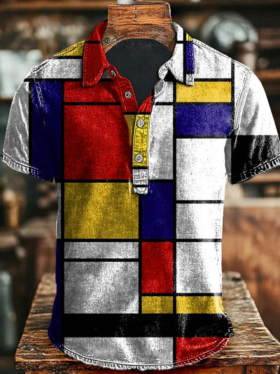 Abstract Irregular Plaid Print Casual Polo Shirt