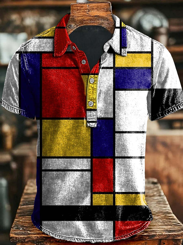 Abstract Irregular Plaid Print Casual Polo Shirt