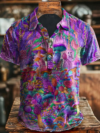 Psychedelic Purple Mushroom Print Casual Polo Shirt