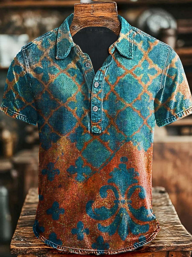 Vintage Art Colorblock Printed Casual Polo Shirt