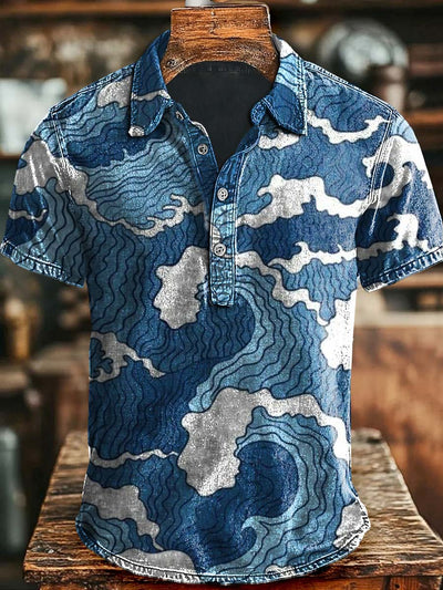 Vintage Japanese wave print casual polo shirt