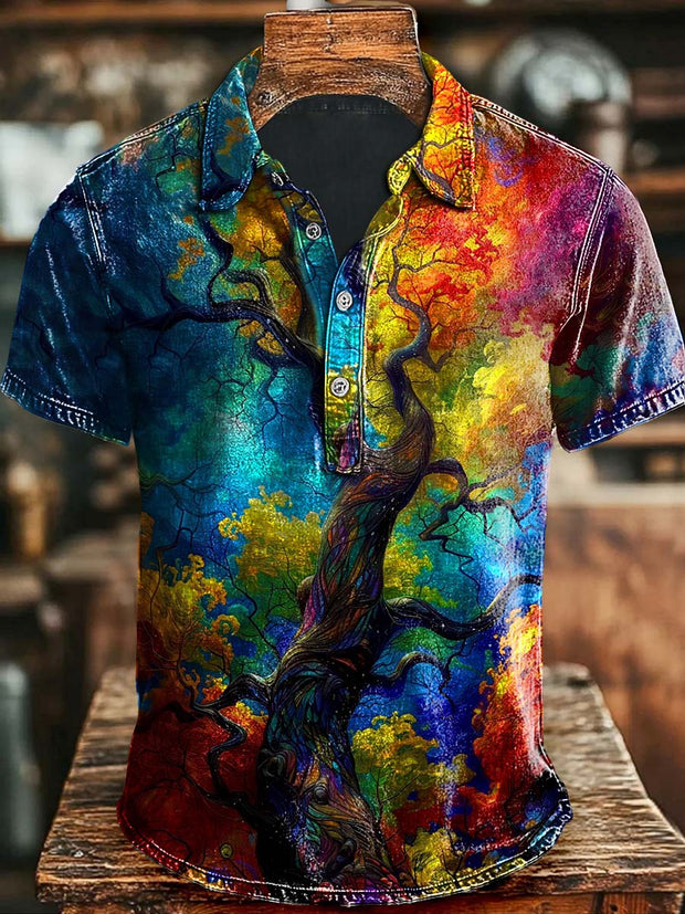 Artistic Colorful Tree Print Casual Polo Shirt
