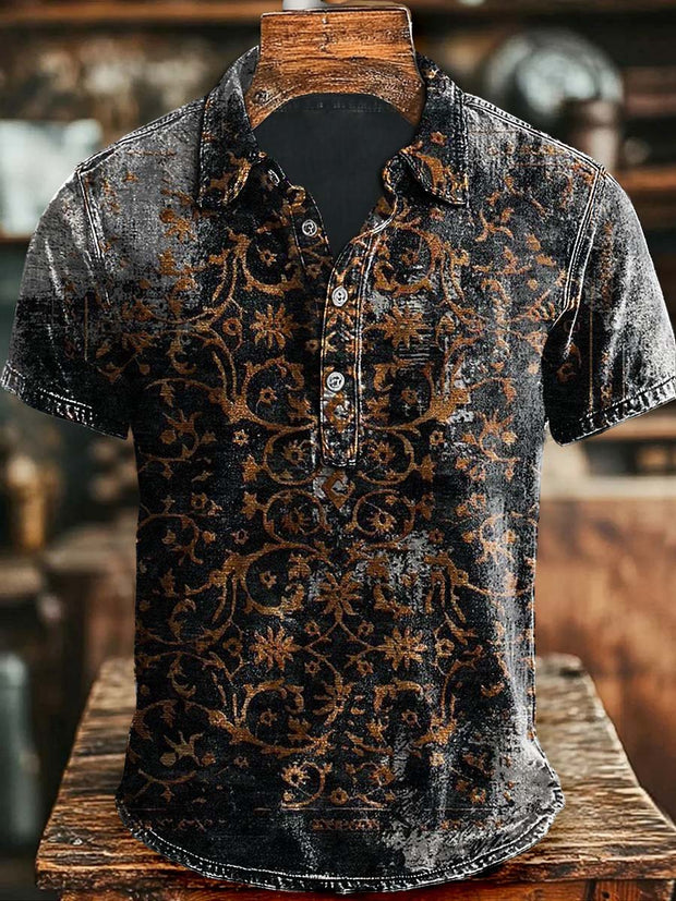 Vintage Floral Print Casual Polo Shirt