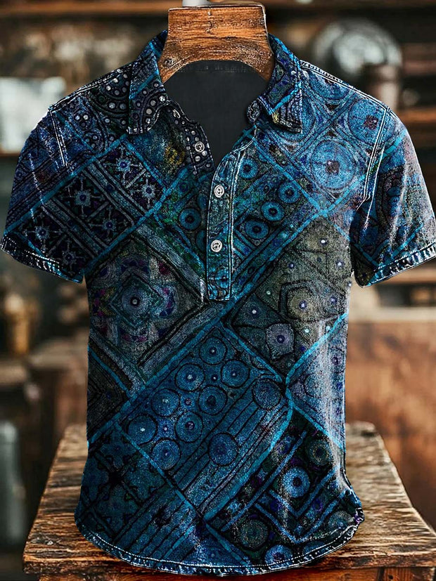 Vintage Art Irregular Pattern Print Casual Polo Shirt