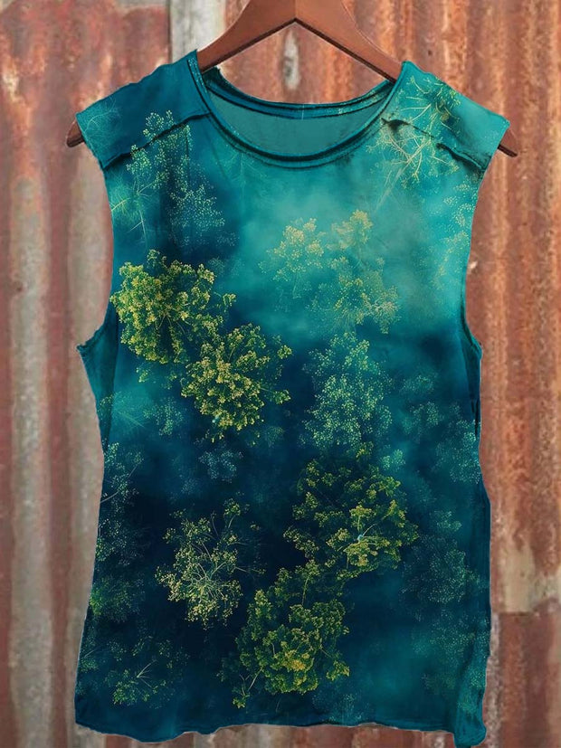Misty Forest Print Casual Tank Top
