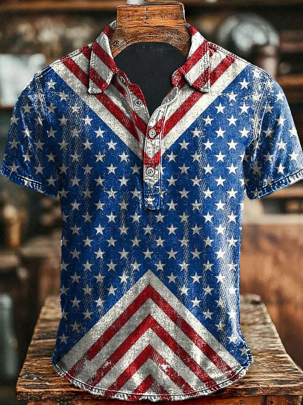 Vintage Independence Day Printed Casual Polo Shirt