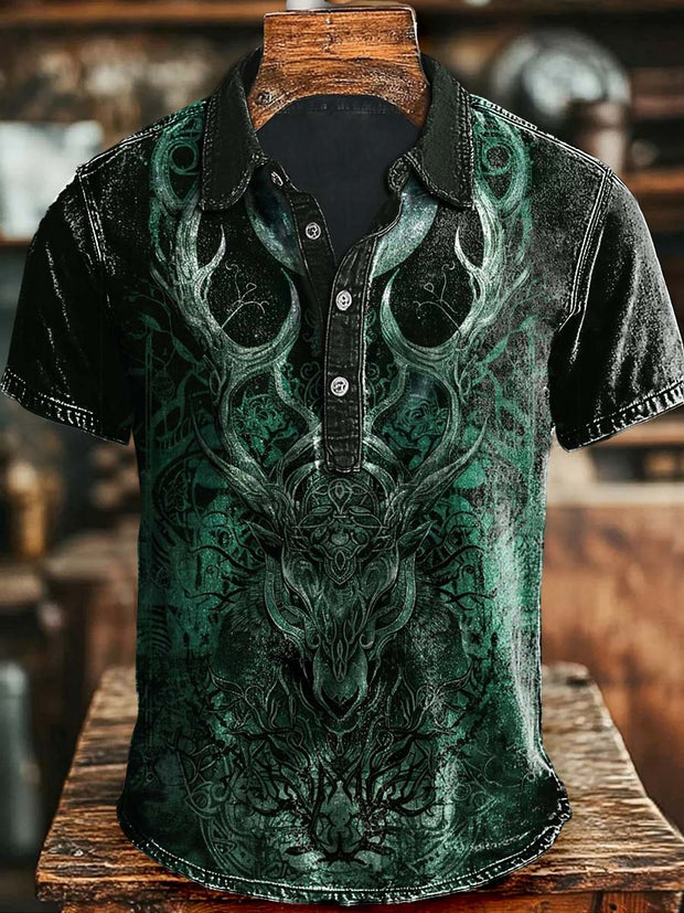 Dark Reindeer Print Casual Polo Shirt