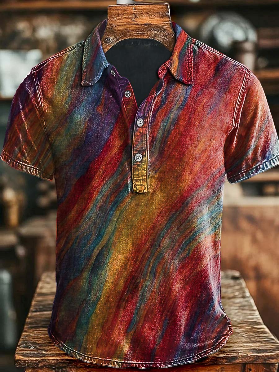 Vintage Colorful Pattern Printed Casual Polo Shirt