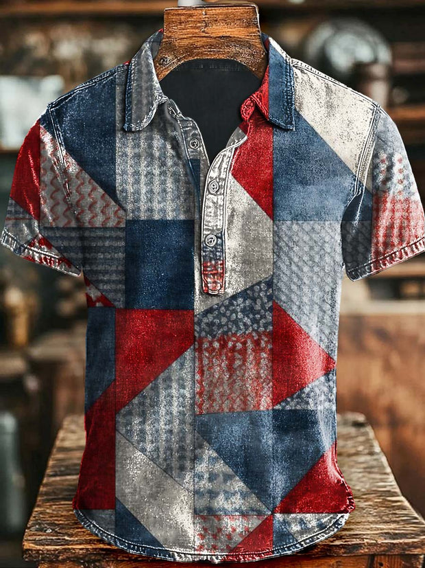 Vintage Independent Day Patchwork Plaid Print Casual Polo Shirt