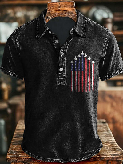 Independence Day Flag Patriotic Jet Print Casual Short Sleeve Polo Shirt