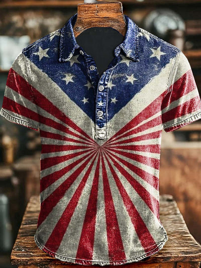 Vintage Independence Day Patriotic Flag Print Casual Short Sleeve Polo Shirt