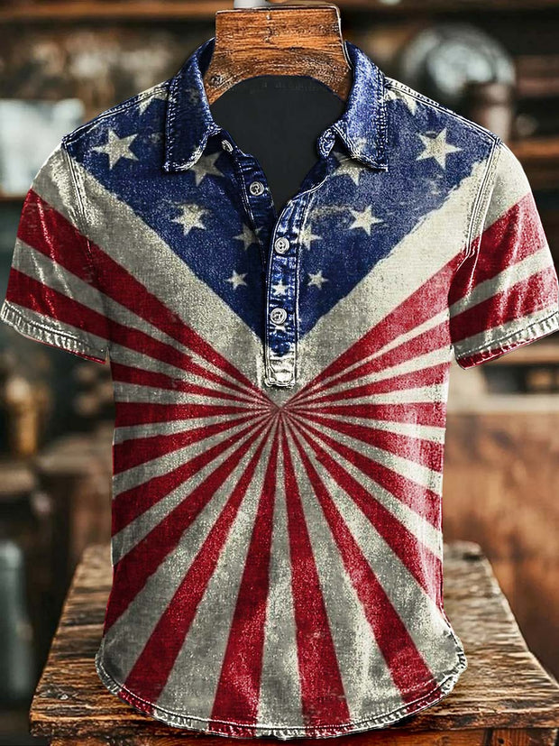 Vintage Independence Day Patriotic Flag Print Casual Short Sleeve Polo Shirt