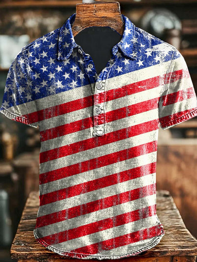 Vintage Independence Day Patriotic Flag Print Casual Short Sleeve Polo Shirt