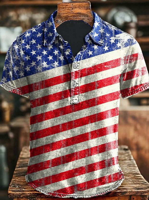 Vintage Independence Day Patriotic Flag Print Casual Short Sleeve Polo Shirt
