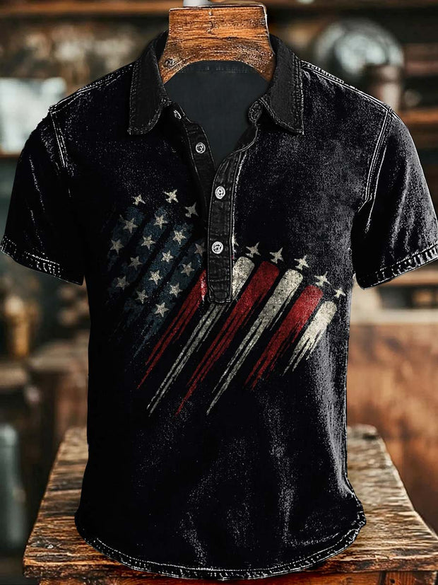 Independence Day Fighter Airplane Flag Heart Print Casual Short Sleeve Polo Shirt
