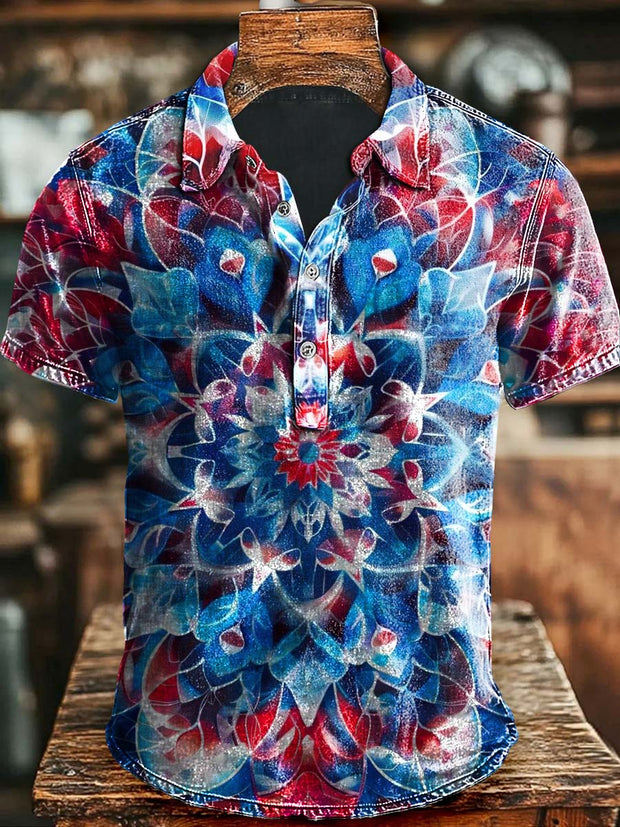 Abstract Rendering Mandala Print Casual Short Sleeve Polo Shirt