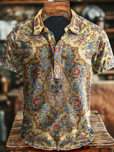 Vintage Ethnic Floral Print Casual Short Sleeve Polo Shirt