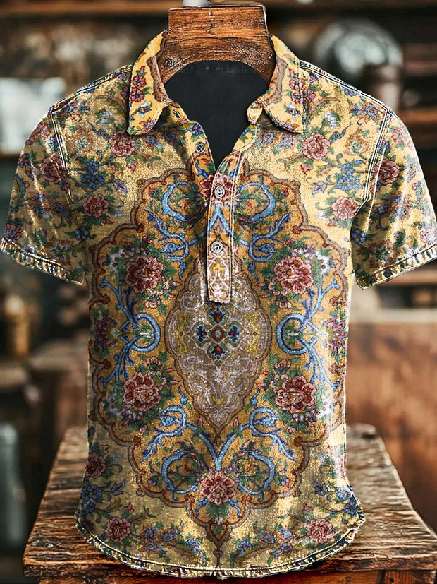 Vintage Ethnic Floral Print Casual Short Sleeve Polo Shirt