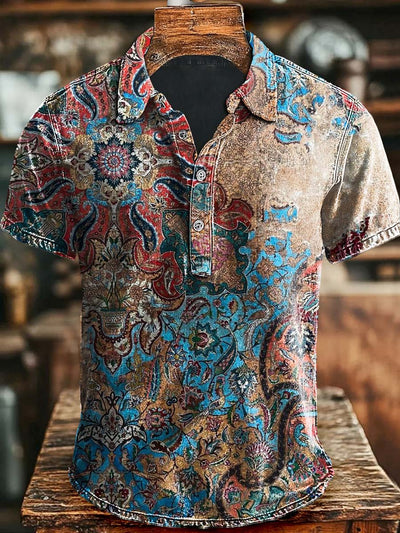 Vintage Ethnic Floral Print Casual Short Sleeve Polo Shirt