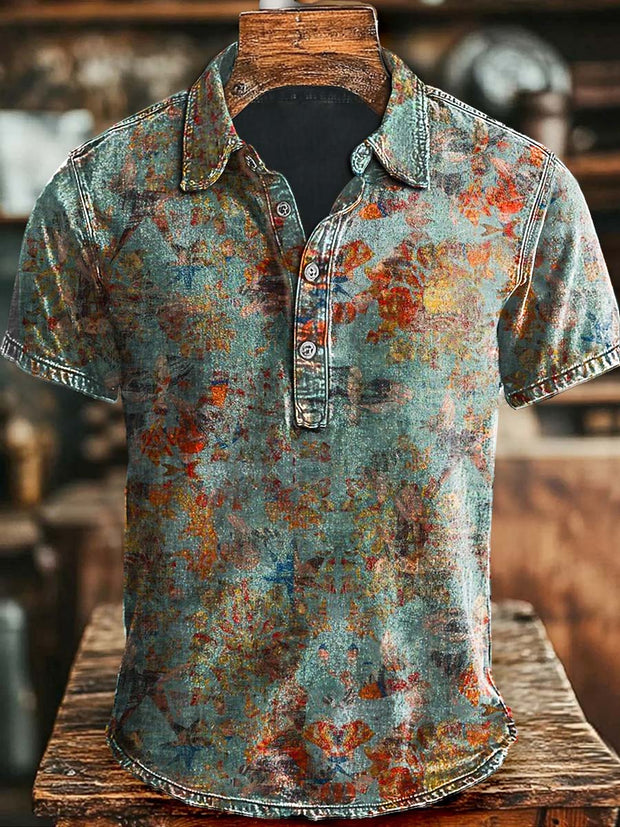 Art Abstract Floral Print Casual Short Sleeve Polo Shirt