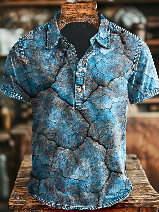 Abstract Marble Crackle Print Casual Polo Shirt