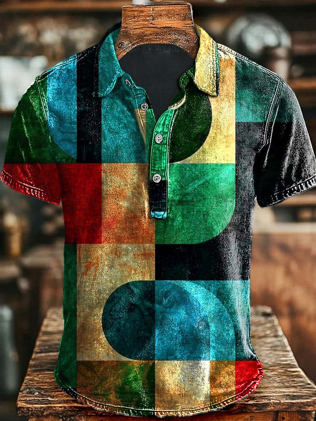 Art Abstract Irregular Color Block Print Casual Polo Shirt