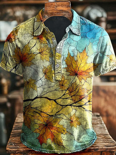 Gradient Art Maple Leaf Print Casual Polo Shirt